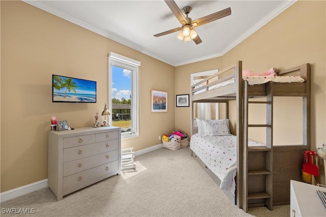 15411 Catalpa Cove Ln, Fort Myers, FL 33908 - bedroom featuring light colored carpet, crown molding, baseboards, and ceiling fan