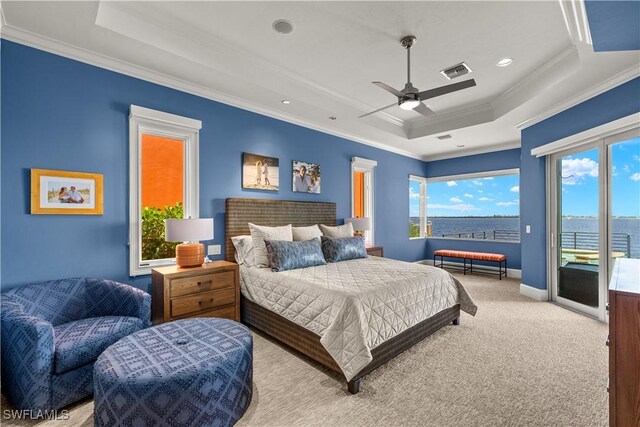 15411 Catalpa Cove Ln, Fort Myers, FL 33908 - bedroom featuring a tray ceiling, carpet, ornamental molding, visible vents, and access to exterior