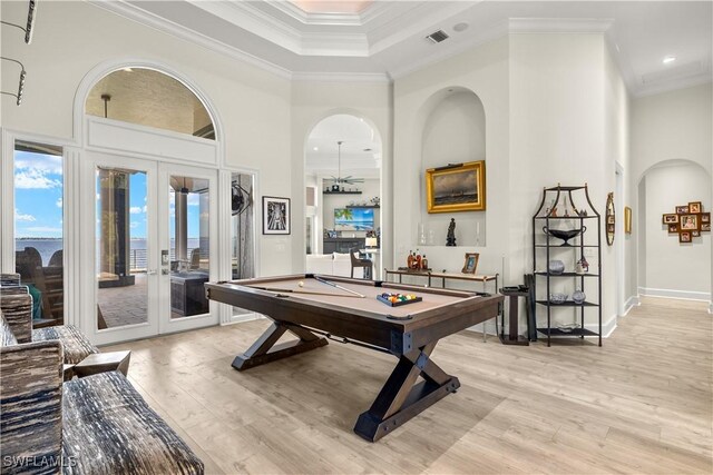15411 Catalpa Cove Ln, Fort Myers, FL 33908 - playroom featuring french doors, pool table, crown molding, light wood-style flooring, and a high ceiling