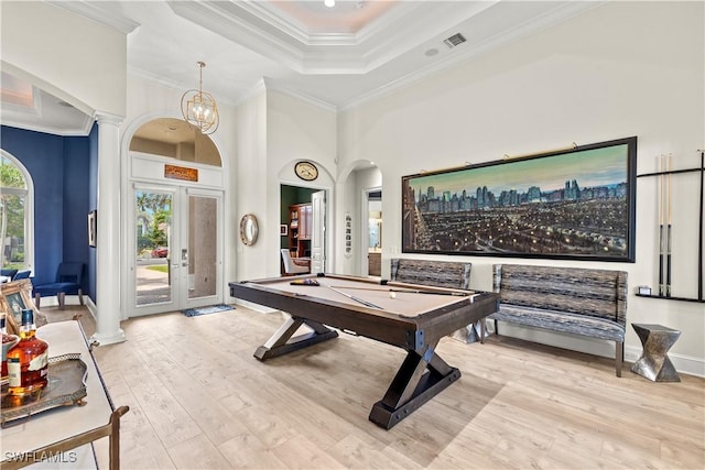 15411 Catalpa Cove Ln, Fort Myers, FL 33908 - rec room with crown molding, light wood-type flooring, visible vents, arched walkways, and pool table