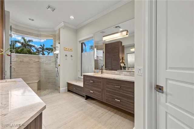15411 Catalpa Cove Ln, Fort Myers, FL 33908 - bathroom with a stall shower, recessed lighting, vanity, crown molding, and wood finished floors