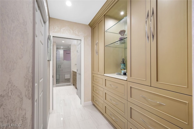 14220 Royal Harbour Ct Unit 607, Fort Myers, FL 33908 - full bathroom with a shower stall, marble look tiles, and recessed lighting