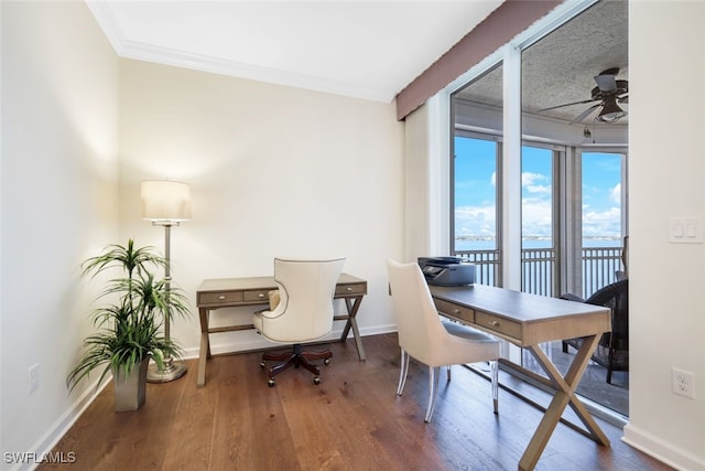 14220 Royal Harbour Ct Unit 607, Fort Myers, FL 33908 - office area with ceiling fan, wood finished floors, crown molding, and a water view