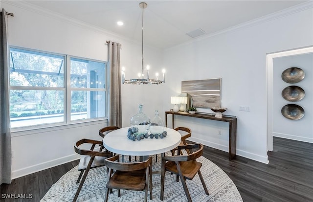 dining area with a notable chandelier, recessed lighting, baseboards, crown molding, and dark wood-style floors