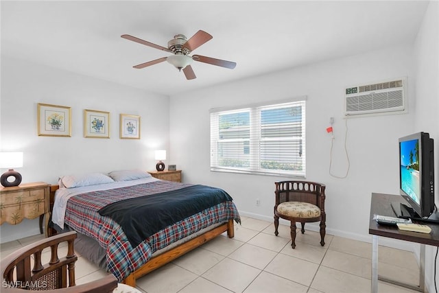 235 Seaview Ct Unit C4, Marco Island, FL 34145 - bedroom with a wall mounted air conditioner, light tile patterned floors, and ceiling fan