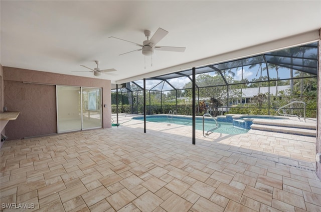 2232 Longboat Dr, Naples, FL 34104 - view of swimming pool featuring a ceiling fan, a pool with connected hot tub, a patio area, and a lanai