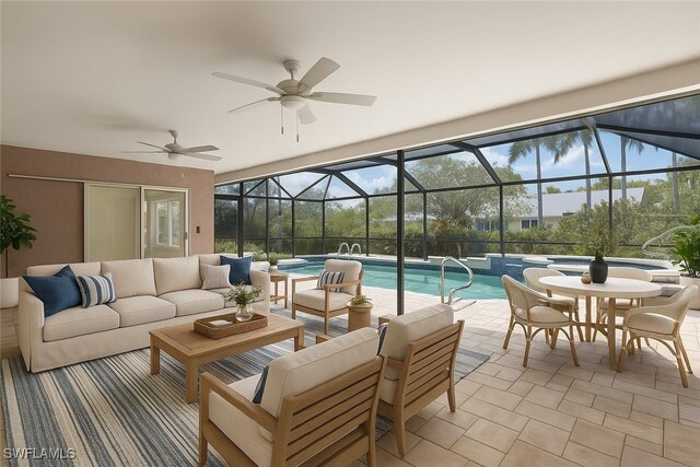 2232 Longboat Dr, Naples, FL 34104 - swimming pool featuring an outdoor living space, a patio area, a ceiling fan, and glass enclosure