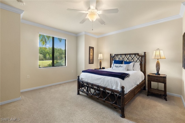 17960 Bonita National Blvd Unit 1716, Bonita Springs, FL 34135 - bedroom with light carpet, ornamental molding, baseboards, and ceiling fan