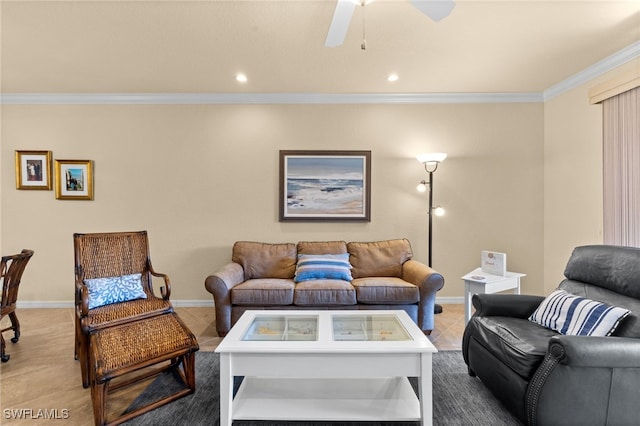 17960 Bonita National Blvd Unit 1716, Bonita Springs, FL 34135 - living room with crown molding, ceiling fan, baseboards, and recessed lighting
