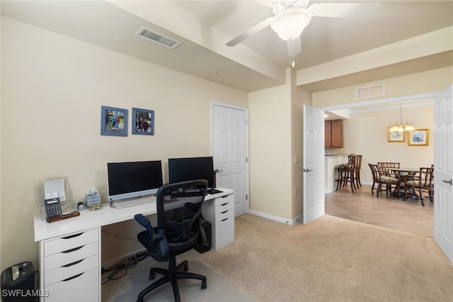 17960 Bonita National Blvd Unit 1716, Bonita Springs, FL 34135 - office space with light carpet, a ceiling fan, baseboards, and a chandelier