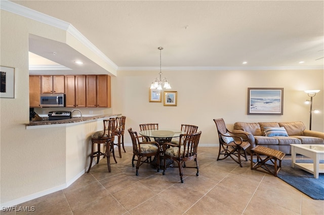 17960 Bonita National Blvd Unit 1716, Bonita Springs, FL 34135 - dining space with crown molding, a chandelier, light tile patterned flooring, baseboards, and recessed lighting