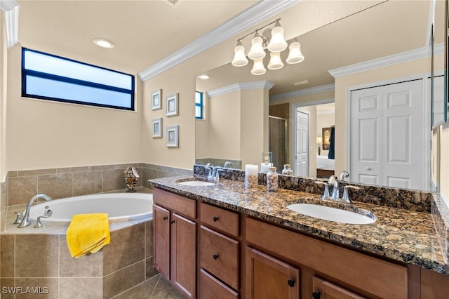 17960 Bonita National Blvd Unit 1716, Bonita Springs, FL 34135 - full bathroom with double vanity, a bath, a stall shower, crown molding, and a chandelier