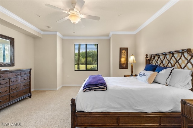 17960 Bonita National Blvd Unit 1716, Bonita Springs, FL 34135 - bedroom with light carpet, baseboards, ornamental molding, and ceiling fan