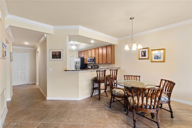 17960 Bonita National Blvd Unit 1716, Bonita Springs, FL 34135 - dining room featuring ornamental molding, a chandelier, light tile patterned flooring, baseboards, and recessed lighting