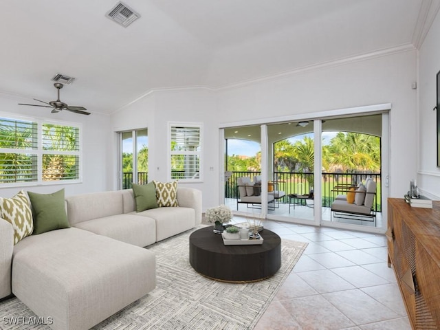 1264 Rialto Way Unit 201, Naples, FL 34114 - living room featuring a ceiling fan, ornamental molding, light tile patterned floors, and visible vents