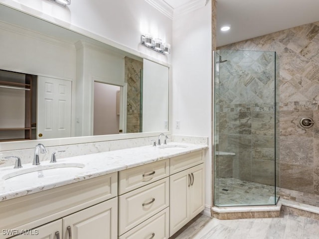 1264 Rialto Way Unit 201, Naples, FL 34114 - bathroom with a shower stall, ornamental molding, and a sink