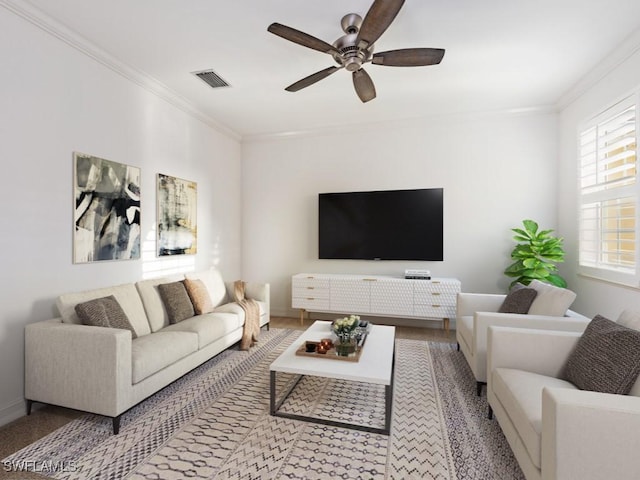 1264 Rialto Way Unit 201, Naples, FL 34114 - living area with ornamental molding, a ceiling fan, and visible vents