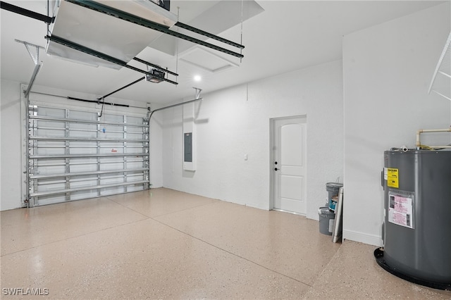 garage featuring electric water heater, a garage door opener, and electric panel