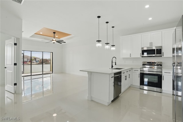 kitchen with appliances with stainless steel finishes, a sink, a peninsula, a tray ceiling, and recessed lighting