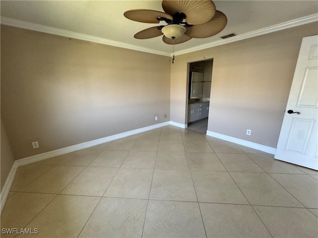 388 Belina Dr Unit 6, Naples, FL 34104 - unfurnished room featuring light tile patterned floors, crown molding, visible vents, baseboards, and ceiling fan