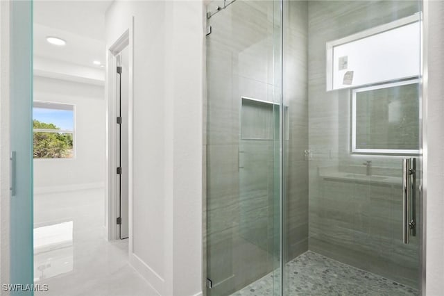 3631 68th Ave NE, Naples, FL 34120 - full bath with a shower stall, baseboards, vanity, and recessed lighting