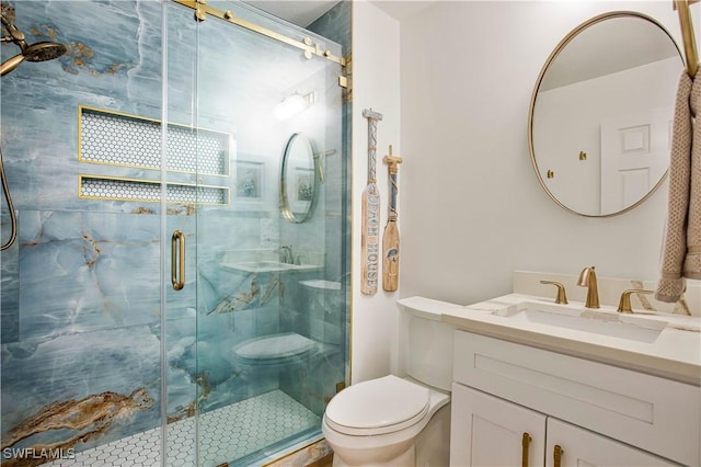 bathroom with toilet, vanity, and a stall shower