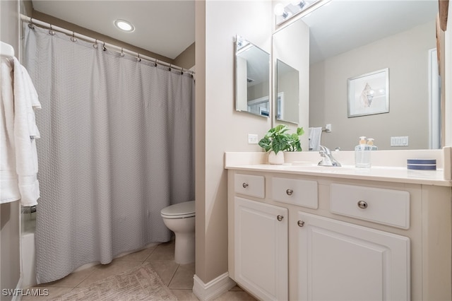 bathroom featuring tile patterned floors, toilet, vanity, and shower / bath combination with curtain