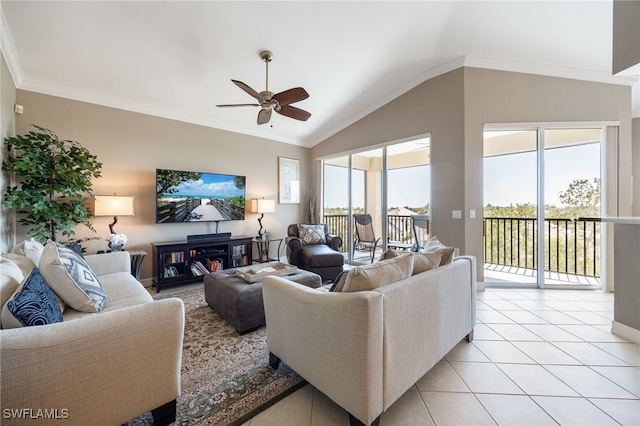 20930 Island Sound Cir Unit 402, Estero, FL 33928 - living room with a ceiling fan, healthy amount of natural light, light tile patterned floors, lofted ceiling, and ornamental molding