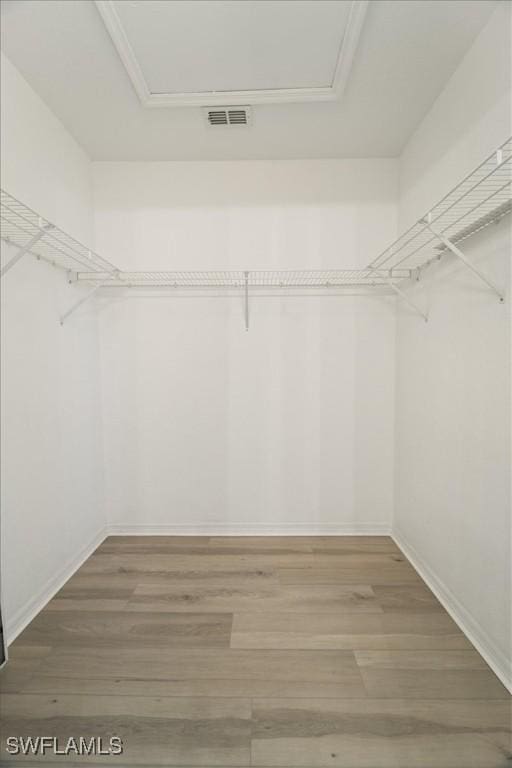 walk in closet with attic access and wood finished floors