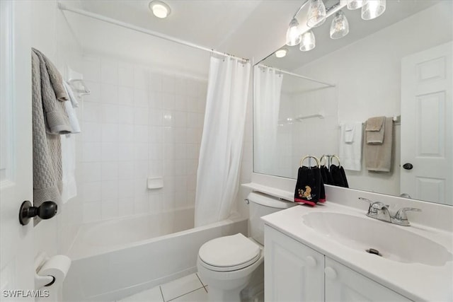 full bathroom with toilet, shower / bath combination with curtain, tile patterned flooring, and vanity