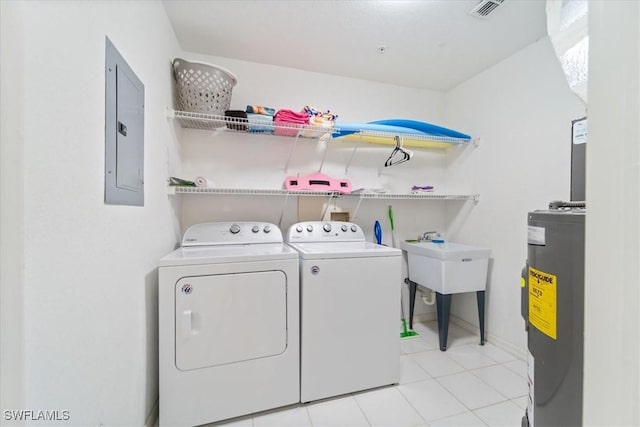 washroom with electric water heater, washing machine and dryer, electric panel, and light tile patterned floors