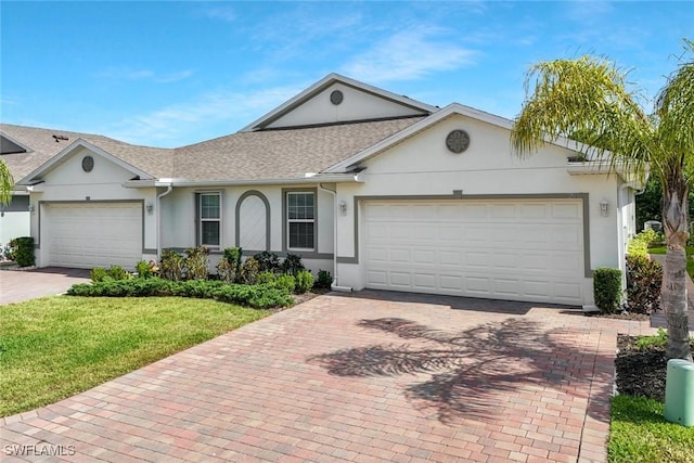 2036 Pigeon Plum Way N, Fort Myers, FL 33917 - ranch-style house featuring decorative driveway, a garage, stucco siding, a shingled roof, and a front lawn
