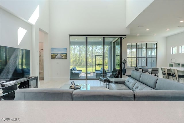 living room featuring wood finished floors, a high ceiling, and recessed lighting