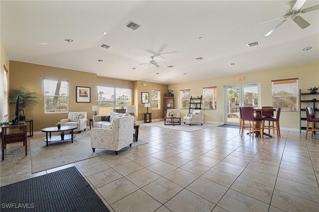 6390 Brant Bay Blvd Unit 103, North Fort Myers, FL 33917 - living room with light tile patterned floors, a ceiling fan, visible vents, and recessed lighting