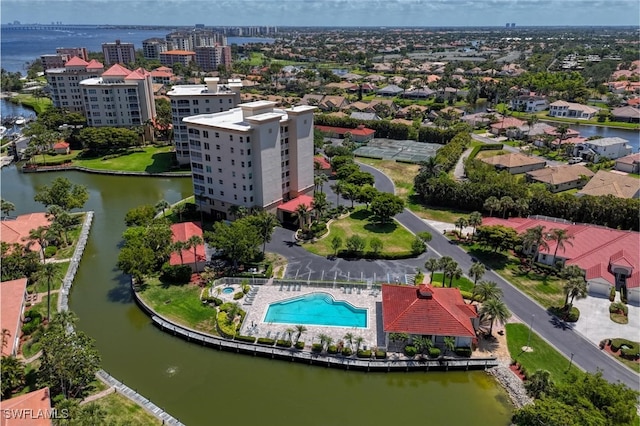 bird's eye view with a water view