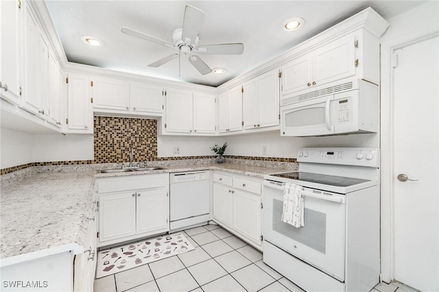 5816 Whiting Ct, Fort Myers, FL 33919 - kitchen with white appliances, a sink, white cabinetry, light countertops, and a ceiling fan