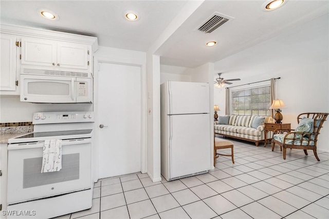5816 Whiting Ct, Fort Myers, FL 33919 - kitchen featuring white appliances, a ceiling fan, light countertops, white cabinets, and recessed lighting