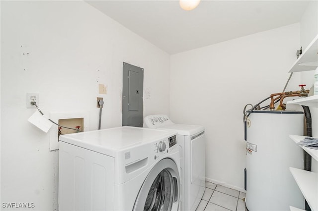 5816 Whiting Ct, Fort Myers, FL 33919 - laundry area with electric water heater, washer and dryer, electric panel, light tile patterned floors, and baseboards