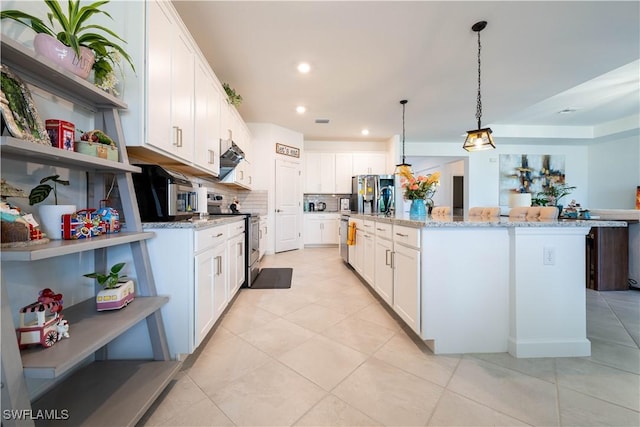 kitchen with light tile patterned floors, white cabinetry, open shelves, backsplash, and appliances with stainless steel finishes