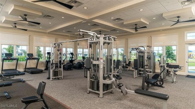 workout area with ceiling fan and visible vents
