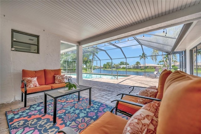 6953 Wittman Dr, Fort Myers, FL 33919 - view of patio / terrace featuring an outdoor living space, an outdoor pool, a water view, and glass enclosure