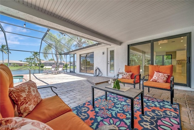 6953 Wittman Dr, Fort Myers, FL 33919 - view of patio / terrace featuring outdoor lounge area, glass enclosure, and a water view