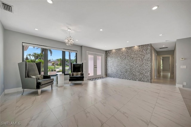 6953 Wittman Dr, Fort Myers, FL 33919 - living area with baseboards, light marble finish floors, recessed lighting, a chandelier, and french doors