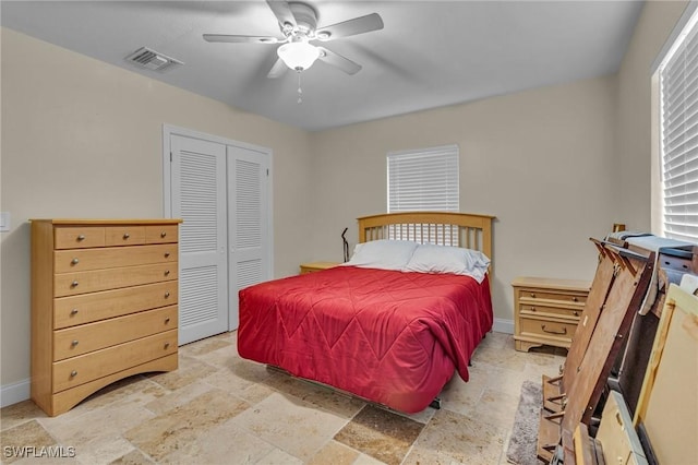 1331 Rio Vista Ave, Fort Myers, FL 33901 - bedroom with stone tile flooring, a closet, baseboards, and ceiling fan