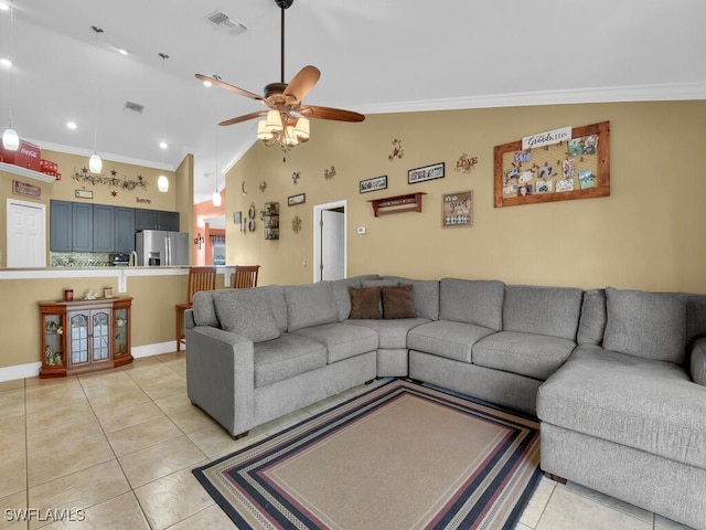 621 NW 28th Ter, Cape Coral, FL 33993 - living area with a ceiling fan, light tile patterned flooring, crown molding, high vaulted ceiling, and baseboards