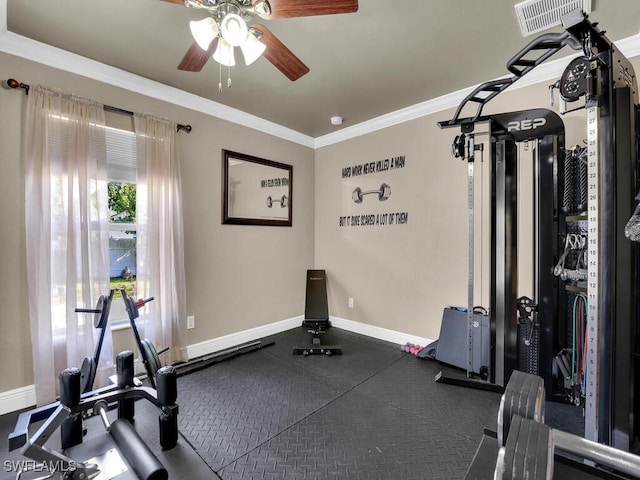 621 NW 28th Ter, Cape Coral, FL 33993 - exercise room featuring a ceiling fan, baseboards, and crown molding