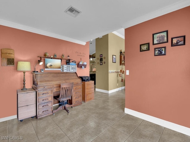 621 NW 28th Ter, Cape Coral, FL 33993 - office area featuring crown molding, tile patterned flooring, and baseboards