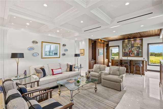 1520 Star Point Ln Unit 4-401, Naples, FL 34112 - living room with beamed ceiling, recessed lighting, light marble finish flooring, ornamental molding, and baseboards