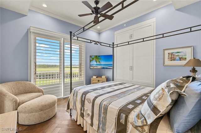 1520 Star Point Ln Unit 4-401, Naples, FL 34112 - bedroom with crown molding, a ceiling fan, and recessed lighting