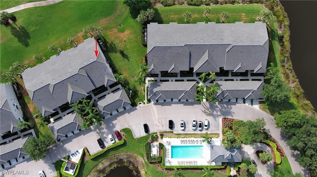 aerial overview of property's location featuring a pool area